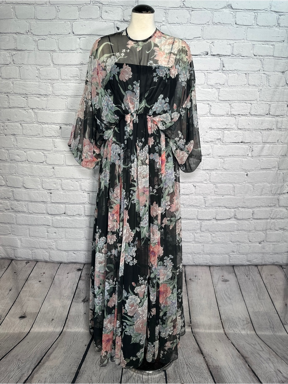 Vintage 1970s Floral Chiffon Party Dress Maxi Blouson Black Pink XS/S